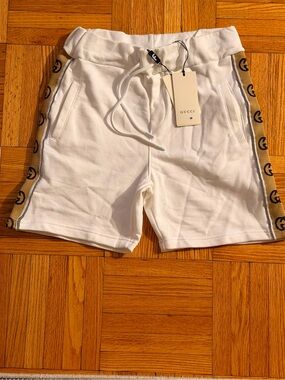 Gucci White Cotton Drawstring Athletic Shorts with Tan Logo Side Tape